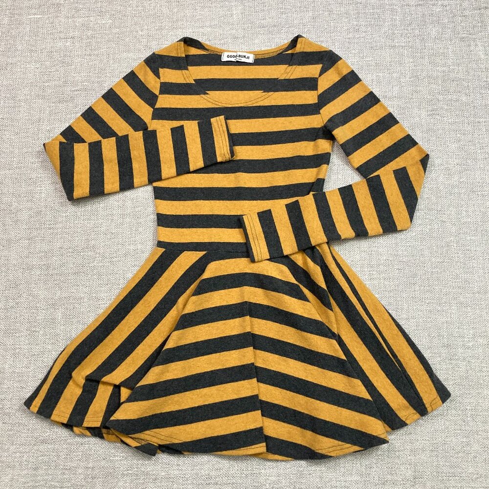 GGOOLBUKJI Girls Striped Mini Dress in Yellow & Black Size Small *MADE IN KOREA*
